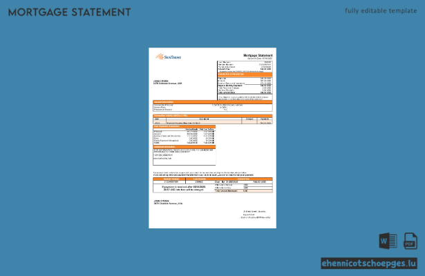 USA Suntrust Bank Hypothekenauszug in Word- und PDF-Formaten – Beispielvorschau